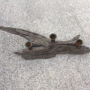 Handmade Vintage Wood Driftwood 3 Candlestick Holder Unique 20" Long
